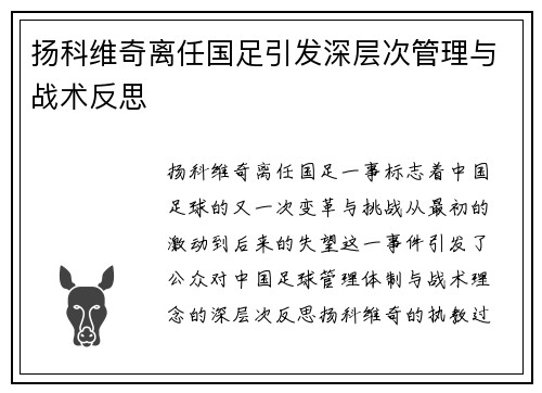 扬科维奇离任国足引发深层次管理与战术反思 扬科维奇离任国足引发深层次管理与战术反思
