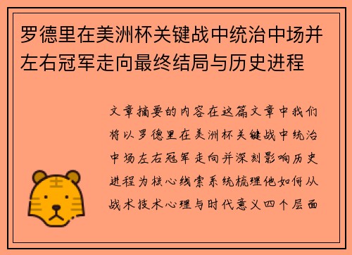 罗德里在美洲杯关键战中统治中场并左右冠军走向最终结局与历史进程