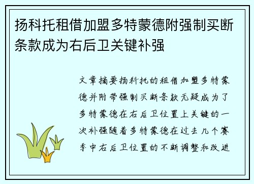 扬科托租借加盟多特蒙德附强制买断条款成为右后卫关键补强